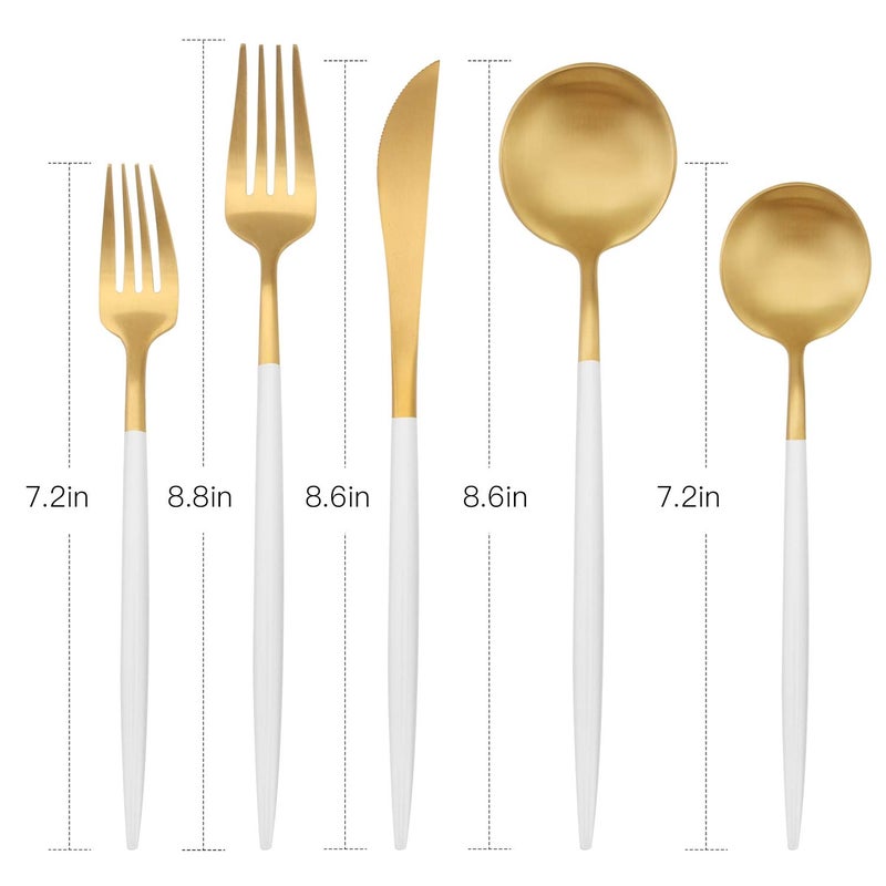 Bysta Matte Gold Silverware Set with white handle, Bysta 20-Piece Stainless Steel Flatware Set, Kitchen Utensil Set Service for 4, Tableware Cutlery Set for Home and Restaurant, Dishwasher Safe - Image 2